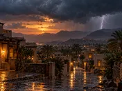 سحب رعدية داكنة وأمطار خريفية فوق بلدة عربية هادئة عند الغروب