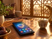 هاتف ذكي على طاولة خشبية تظهر على شاشته أيقونة درع حماية بجوار دلة قهوة عربية وفنجان