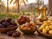 أطباق من أصناف التمر المختلفة مع دلة قهوة عربية في مزرعة نخيل